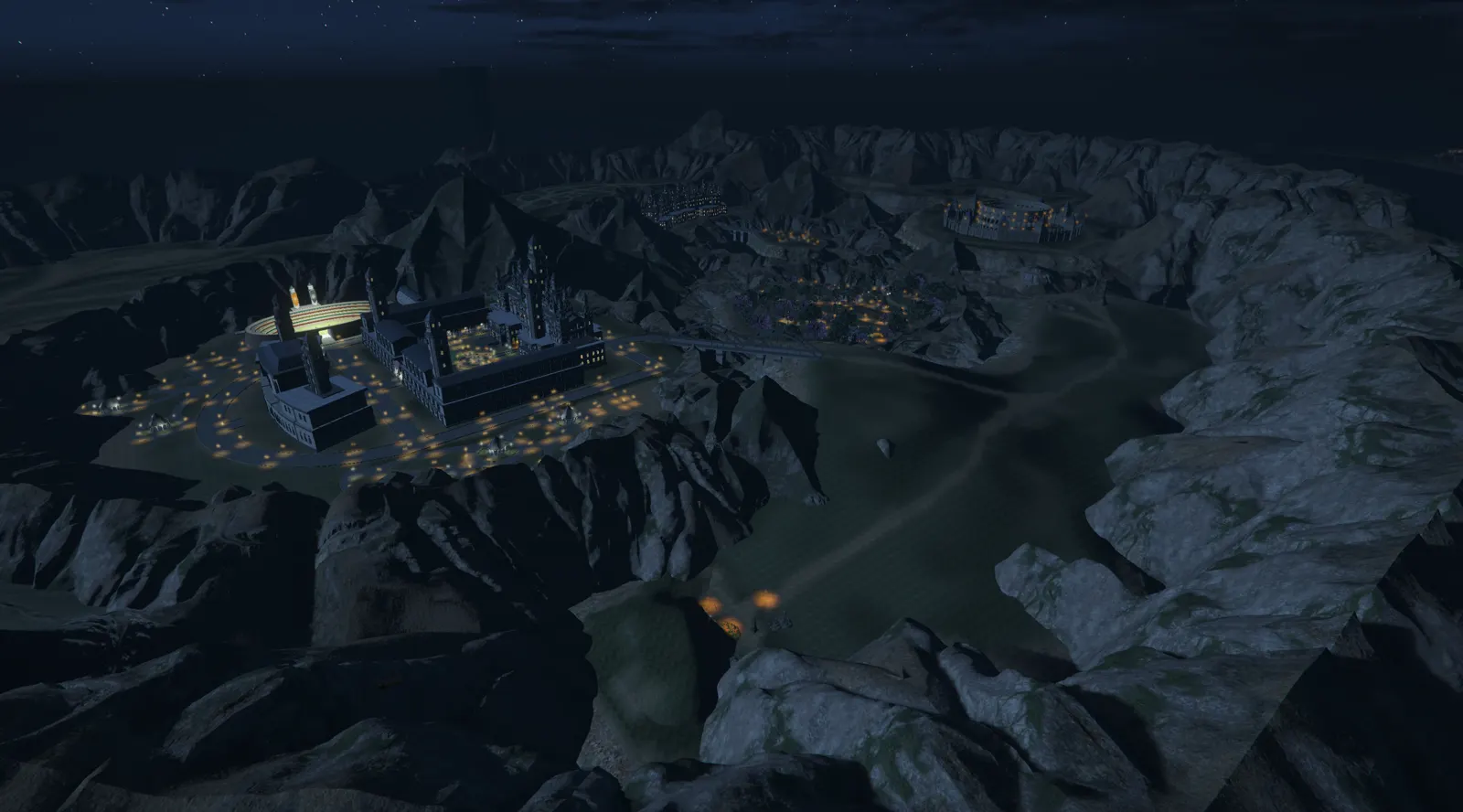 El valle de noche, con el castillo encendido